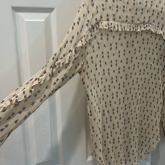 MASSIMO DUTTI Ivory Black Print Dress Shirt Blouse Button Down Ruffle Blouse L - Picture 8 of 8